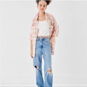 NWT American Eagle Pink Oversized Button Up Plaid Shirt Roll-tab Sleeve